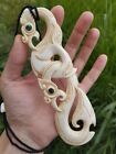 Hei Manaya Maori Pendant Large Royal Hand Carved Bone Abalone Eyes New Zealand