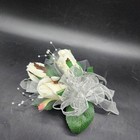 Triple White Ivory Roses Pearl Sprigs Tulle Ribbon Pearl Scretch Wrist Corsage 