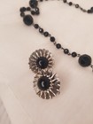 Vintage Silver Black Jewelry Set Sc Earrings  Stretch Ring   Necklace Unsigned 