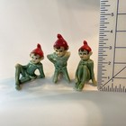 Set Of 3 Vtg Pixie Elves Ceramic Japan Green With Red Hats Posing Sitting