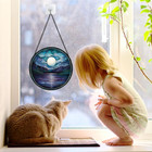 Stained Glass Window Hanging  Blue Night Moon Lake S Colorful Glass Panel Landsc