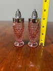Vtg Pair Of Pink Hobnail Glass Salt   Pepper Shakers W silver Lids 5 1 8 h