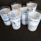 Set Of 6 Vintage Frosted Glass Souvenir Glasses Blue Print 4 75  Tall Euc