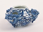 Vintage Asian  Chinese Porcelain Blue   White Vase Jardini  re W three Foo Dogs