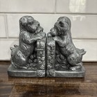 Vtg Rustic Black Cast Metal Scottie Terrier Puppies Looking Over Fence Bookends