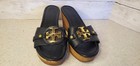 Tory Burch Black Gold Logo Wedge Sandals Size 7 5     Damage To Cork Layer     As Is