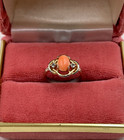Antique Victorian Real Coral Pink Cabochon Stunning Hercules Knot Ring Gold Plte