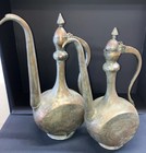 Antique 19th Century Pair Of Qajar Islamic Copper Pitcher Teapots Hand Engraved