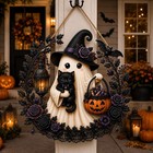 Halloween Welcome Sign Front Door Porch Decor Wooden Ghost Pumpkin Wreath