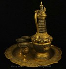 11 2  Old Chinese Copper Gilt Phoenix Bird Flower Pattern Wine Pot Cup Plate Set
