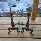 Pair Of Vintage Fireplace Andirons Brass   Cast Iron Log Holder