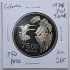 Colombia 750 Pesos 1978 Silver  conservation - Hummingbird  - Toned 