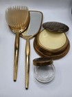 1940s Golden Wheel Diamond Pattern Brassy Art Deco Vanity 4pc Dresser Set     Euc