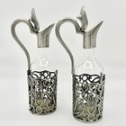 Vintage Pewter   Glass Cruet Set     Ornate Floral Filigree     Hinged Spouts  7 