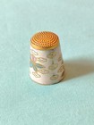 Vintage White Cloisonne Enamel Thimble Red Black Bird Flower Plant Gold Plate