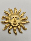 Vintage Sun Face Gold Tone Brooch Pin With Rhinestone Eyes