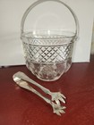 Vintage Mcm Diamond Cut Glass Ice Bucket With Matching Hammered Claw Thongs