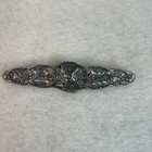 Vintage Pewter Silver Floral Peonies Leaves Reticulated Etched Bar Brooch Pin