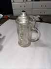 Antique Lidded Cut Glass Mug Painted German Beer Stein Pewter Gem Top Dated 30   s