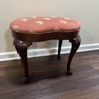 Vintage Queen Anne Style Mahogany Upholstered Ottoman Or Footstool