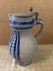 18th Century Westerwald Blue   Grey Tavern Pitcher W Orig Pewter Lid   1780s