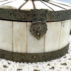 Vintage Trinket Box Bone Inlay Brass Hinged Burgundy Velvet Lined Ornate Boho 4 