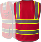 9 Pockets Hi-vis Neon Red Zipper Front Mesh Safety Vest With Fluorescent Yellow 