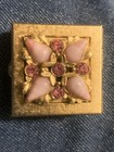 Vintage Gold Tone Pill Box With Pink Stones   Rhinestones