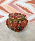 Vintage Antique Goofus Glass gilt Rose 3 1 2  Vanity Powder Puff Jar trinket Box