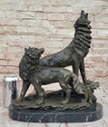 Art Deco Bronze Sculpture Statue Figure Wolf Howling Dog Marble Base Figurine Nr