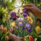 Purple Iris Glass Suncatcher  Floral Stained Glass Style Window Hanging