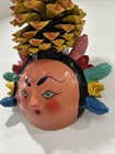Rare Vintage Mexican Folk Art Coconut Mask With Cactus Seedpod Braids   Pinecone