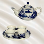 Vintage Blue   White Porcelain Miniature Tea Set Teapot Cups Tray Chinoiserie