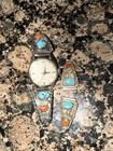 Vintage Navajo Sterling Silver Turquoise Coral Watch Tips W  Working Croton