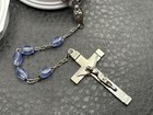 Vtg Blue Bead Catholic Rosary Silver Tone Crucifix Virgin Mary Case Prayer Box