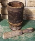 Antique Primitive Wooden Mortar And Pestle Early Iron Bands Hand Turned Lines