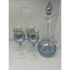 Vtg 5-piece Crystal Blue Floral Etched Decanter   Wine Glass Set Bohemian