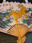 Large Japanese Folding Fan Tiger Bamboo Pine Hand-painted Antique 62 X 35 Inches