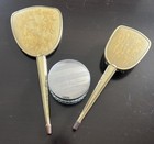 Vintage Matching Gold Color England Vanity Set  Mirror  Brush   Usa Powder Jar