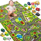 Kids Play Rugs - 12 Pull-back Vehicle Set - Durable Carpet Playmat Rug - City   