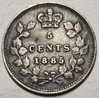 Canada  5 Cents  1885 Small 5  Very Fine   0346 Ounce Silver