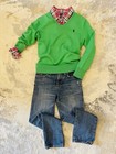 Ralph Lauren 3 Piece Boys Set  Plaid Cotton Shirt v-neck Sweater blue Jeans Sz 7