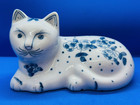 Vtg Mcm Blue white Hand-painted Floral Cat Kitten Lying Down Porcelain Figurine