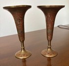 Antique Anglo Indian Brass Trumpet Vase Islamic Flower Moorish 5 Inches  Pair