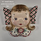 Set Of 2 Artmark Originals Girl Bow Head Vases Wall Pockets Vtg Mcm Foil Labels 