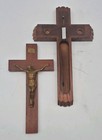 Vintage Wooden Wall Cross Crucifix Hidden Holy Water Font Bronze Tone Christ