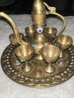 Vintage Middle Eastern Jeweled Dallah Brass Coffee Set Turkish With Tray