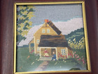 Vtg Framed Needlepoint Art House Porch Cottagecore Decor Early American