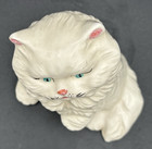 Vtg Ceramic White Cat kitten With Hand Painted Features green Eyes