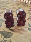 Vintage New Zealand Maori Tiki Salt And Pepper Shakers Hand Carved Wood Abalone